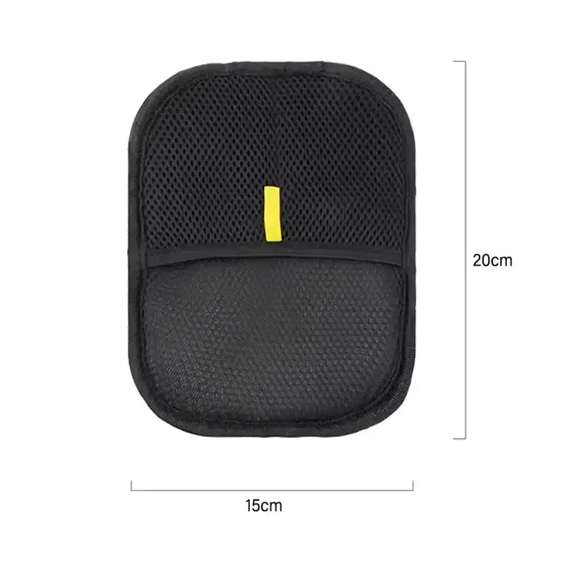 Black mesh car seat organizer with yellow zipper pull designed for double-sided pet hair removal grooming gloves use