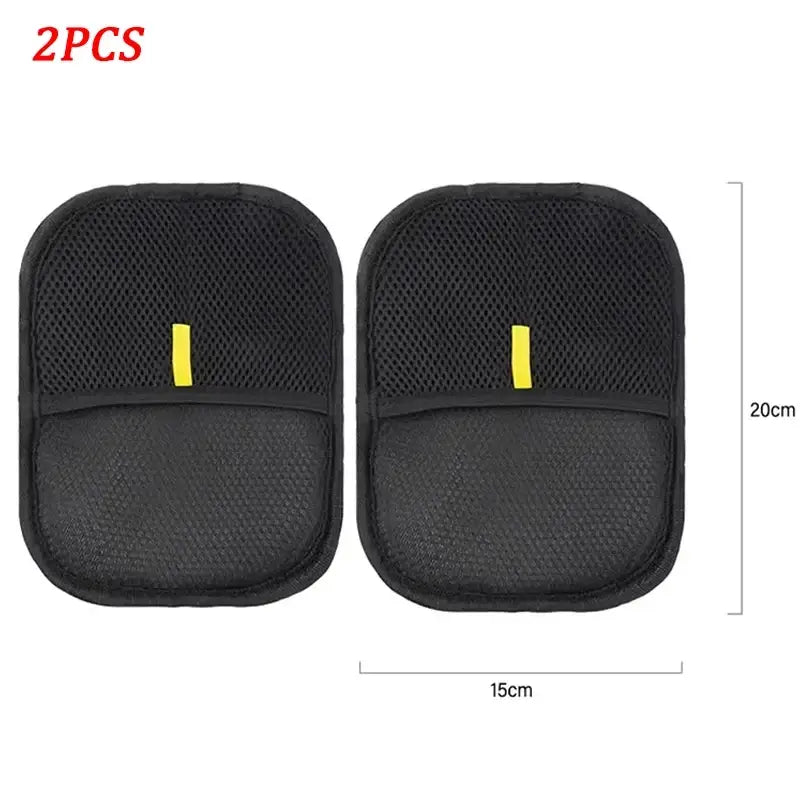 Black mesh car seat organizers with yellow zipper pulls designed for double-sided pet hair removal grooming gloves use