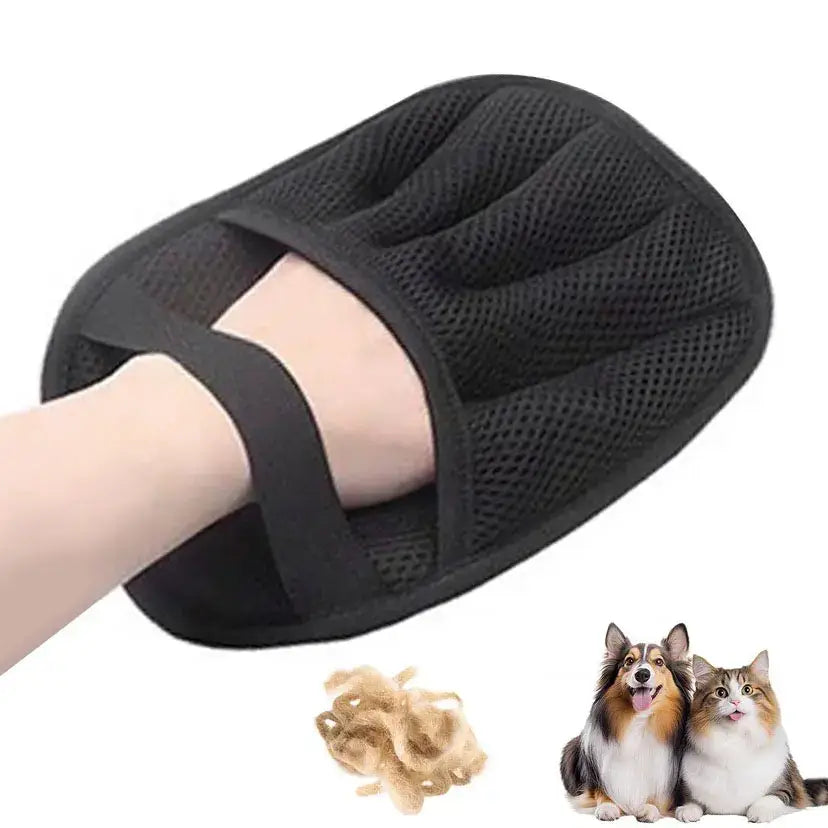 Black mesh double-sided pet hair removal grooming glove with adjustable straps for effective pet hair removal