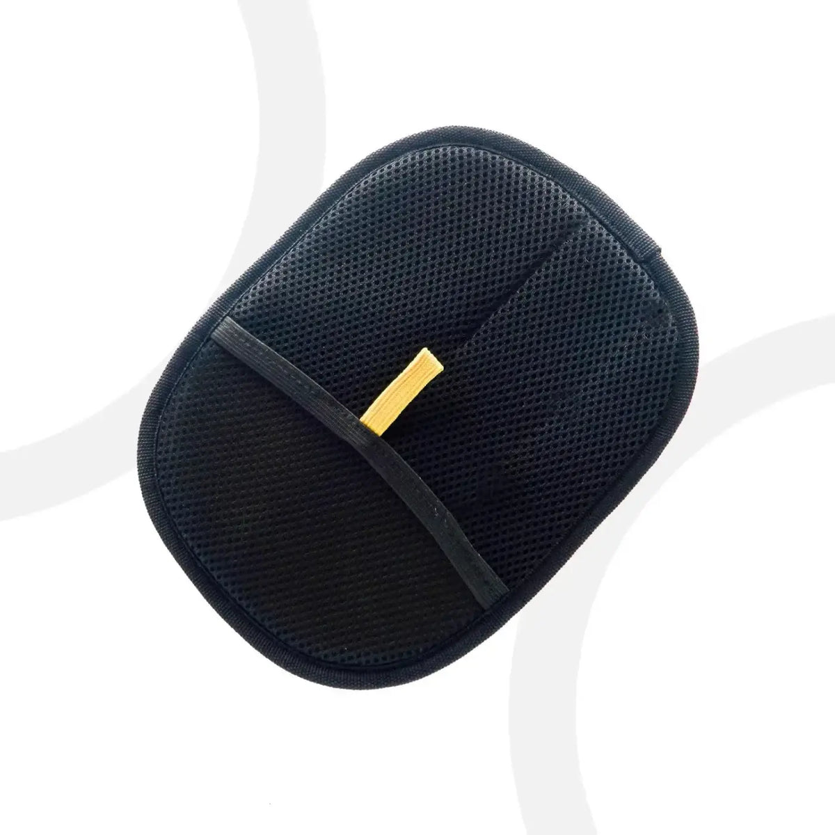 Black mesh double-sided pet hair removal grooming glove with yellow zipper pull and black strap visible on back side