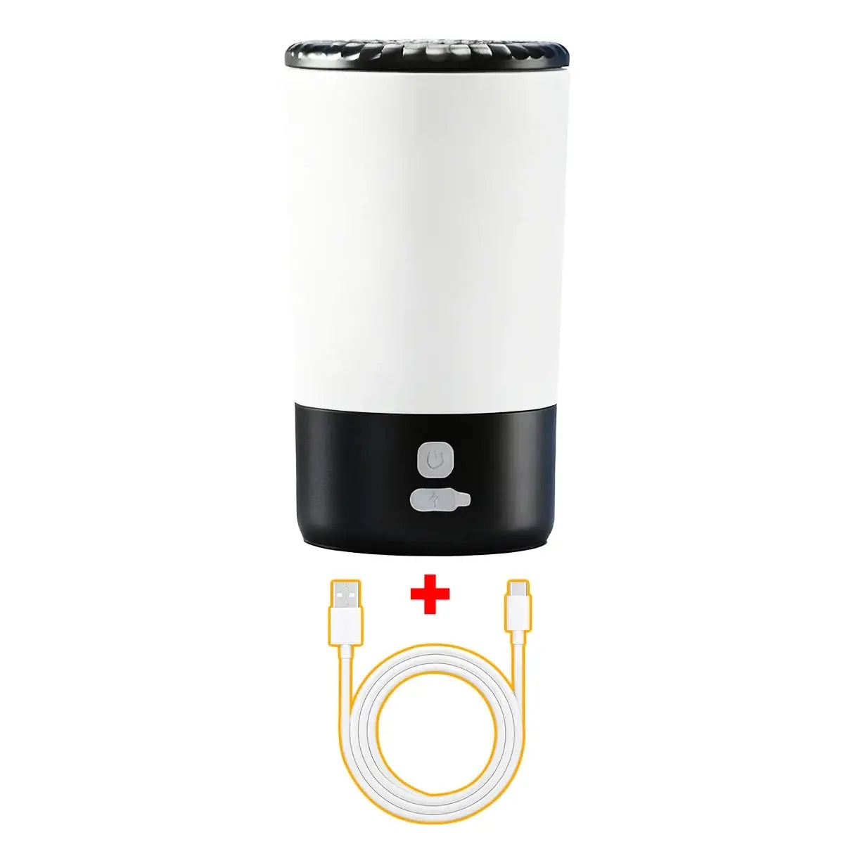 White and black cylindrical portable led lamp with textured top grille and control buttons for electric automatic dog paw cleaner
