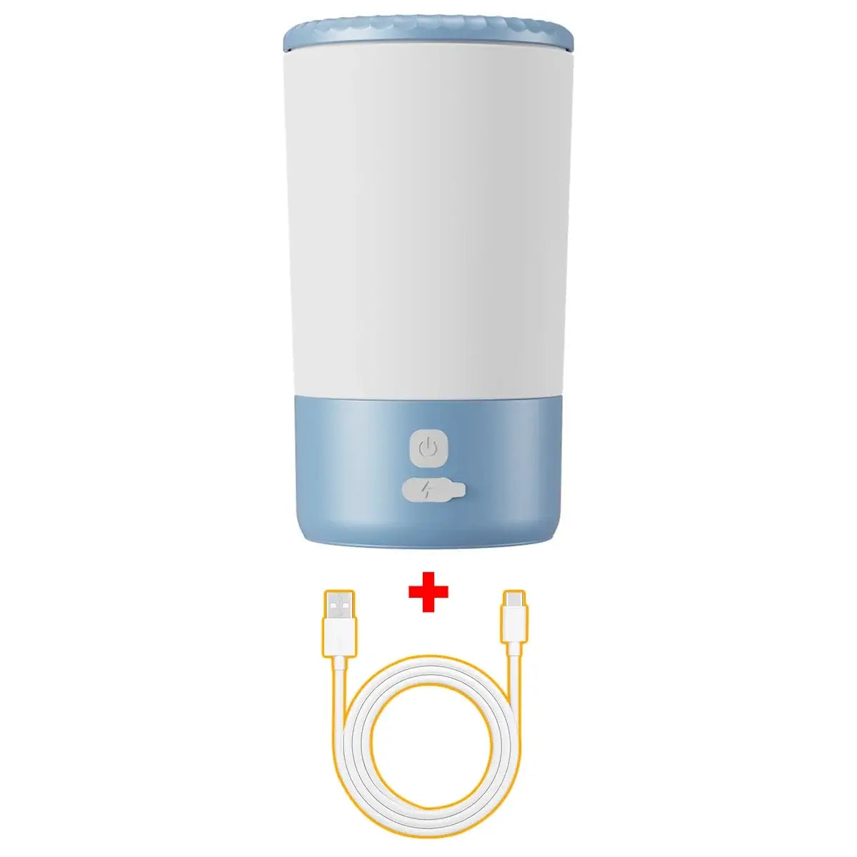 A sleek white and light blue cylindrical electric automatic dog paw cleaner and washer with usb charging cable included