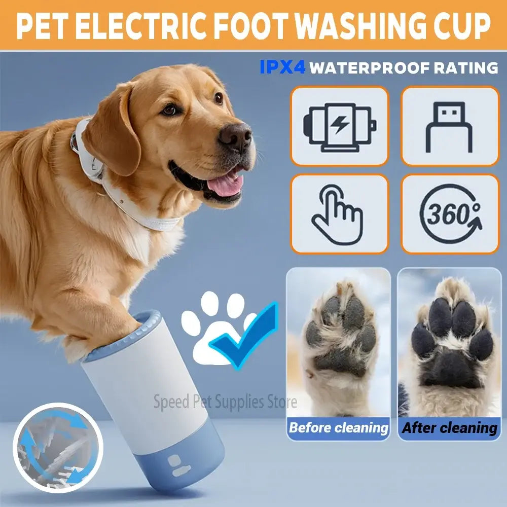 White and blue electric automatic dog paw cleaner and washer with usb charging port for pet foot washing