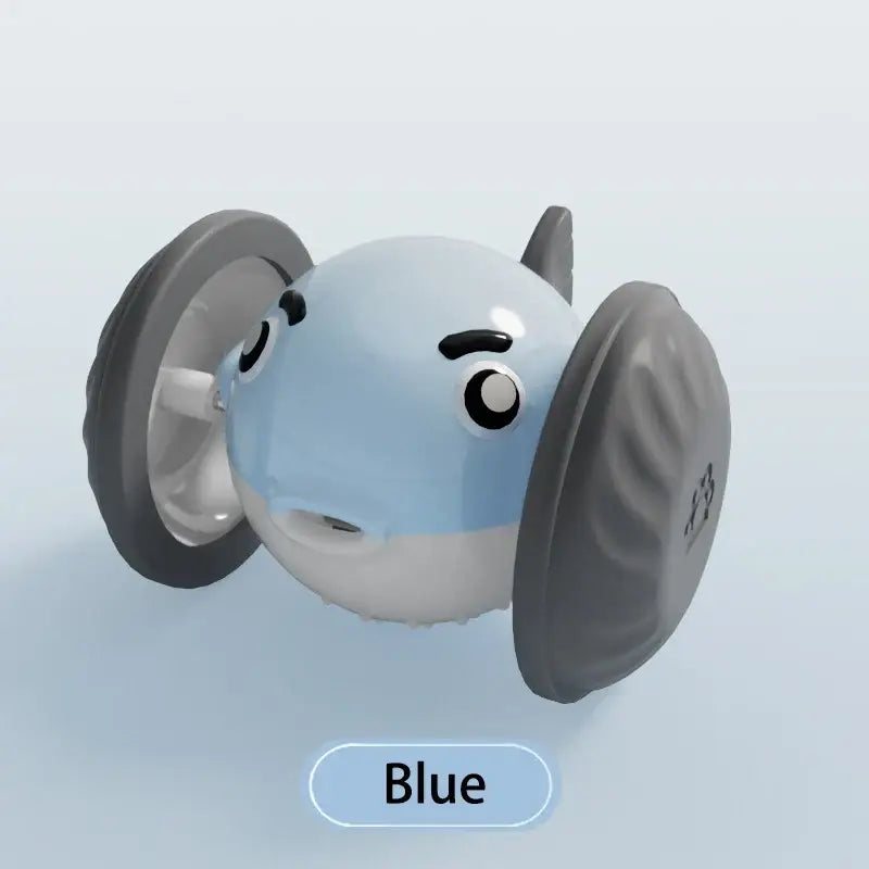 Blue plastic electric flying fish intelligent self entertainment cat toy car with gray wheels and black eyes