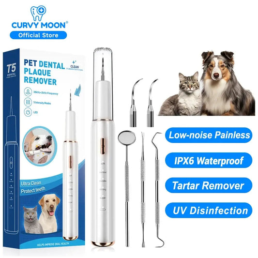White and rose gold electric ultrasonic pet dental scaler with curvy design and interchangeable cleaning tips for plaque removal