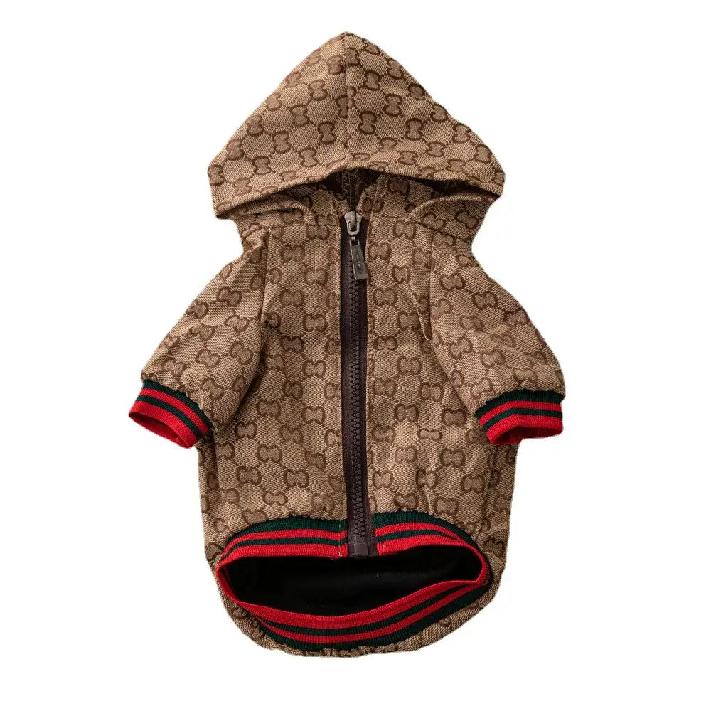 Beige and brown gucci gg supreme patterned dog hoodie with red and black striped cuffs luxury pet coat for schnauzer
