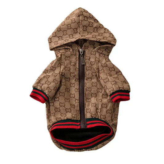 Beige and brown gucci gg supreme patterned dog hoodie with red and black striped cuffs luxury pet coat for schnauzer