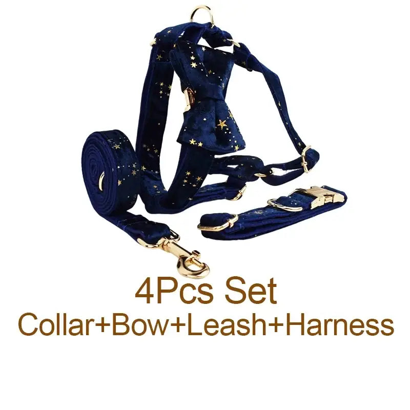 Deep navy velvet dog harness set with gold star print and matching floral sublimation collar leash and bow set