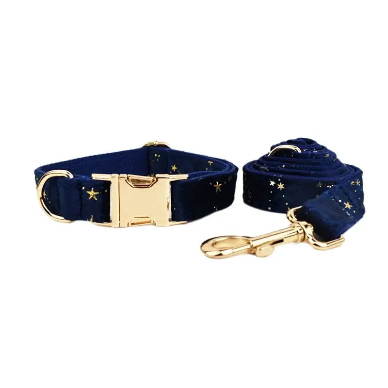 Navy velvet dog collar and leash set with gold star patterns and brass hardware from floral sublimation collection