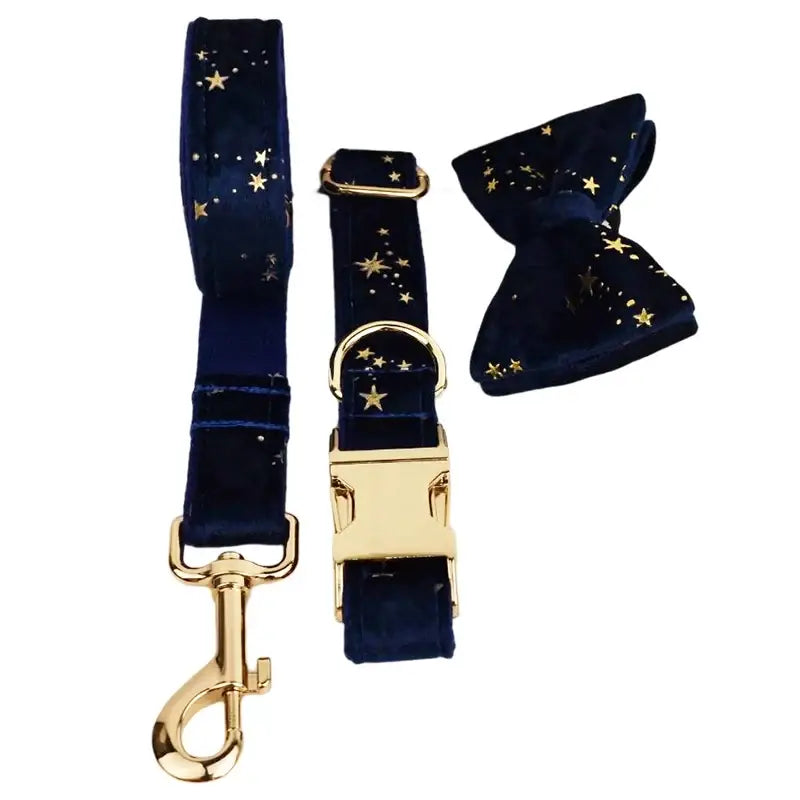 Deep navy velvet dog leash collar and bow tie set with gold star patterns and matching gold hardware floral sublimation design