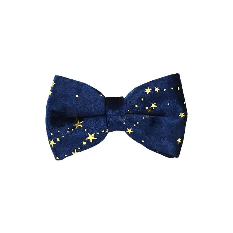 Navy blue velvet bow tie with golden star pattern part of floral sublimation dog collar leash harness bow set