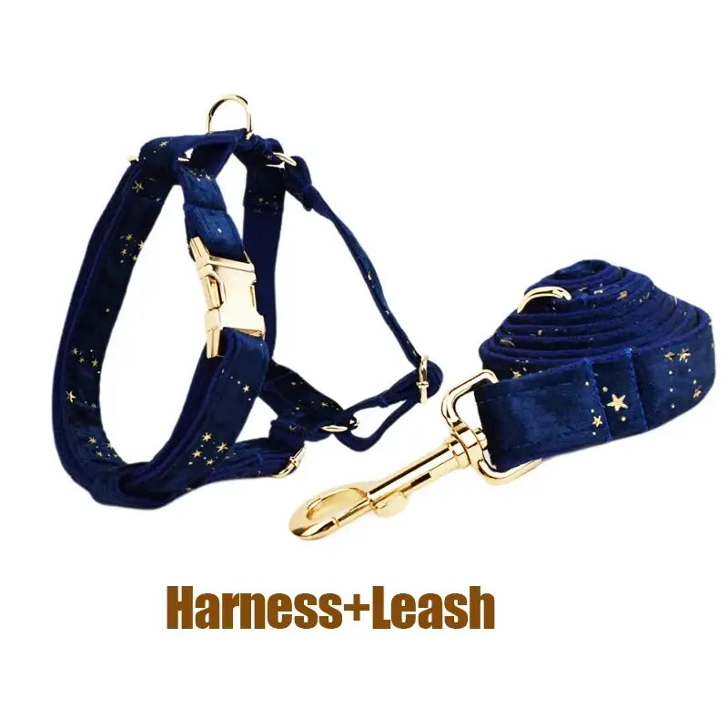 Deep navy velvet dog harness and leash set with gold star patterns and brass hardware from floral sublimation collection