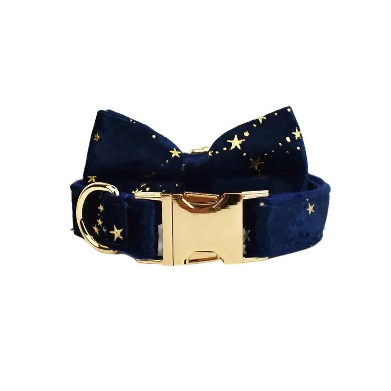 Navy velvet dog collar with gold star pattern and brass buckle from floral sublimation leash harness bow set