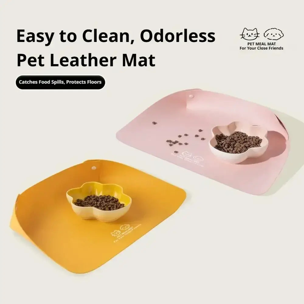 Foldable waterproof leather pet feeding mats in pink and yellow with flower-shaped bowls for meal times