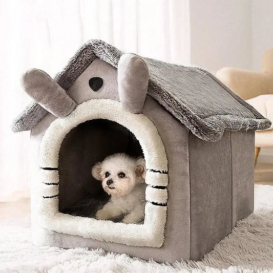 Gray foldable winter pet house with white fur-lined entrance and soft cozy interior for small and medium dogs and cats