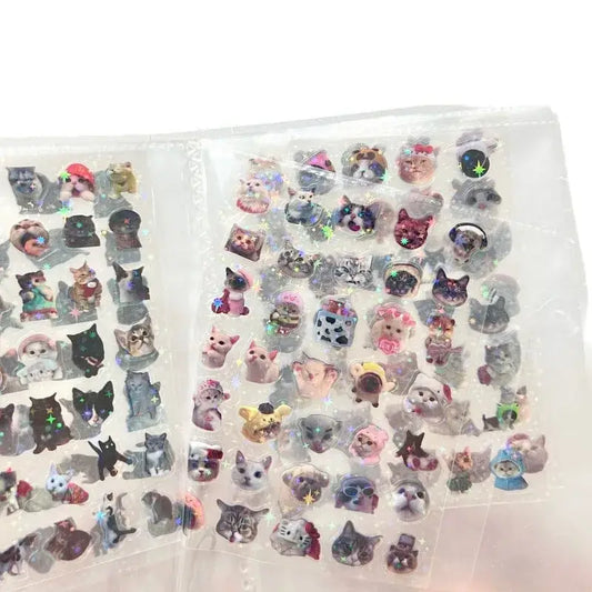 A clear plastic sheet of colorful glitter waterproof cat laser scrapbook stickers in various poses and outfits