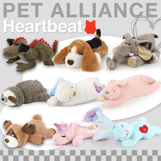 Heartbeat plush dog toy collection from pet alliance featuring soft stuffed animals like green dragon and pink unicorn