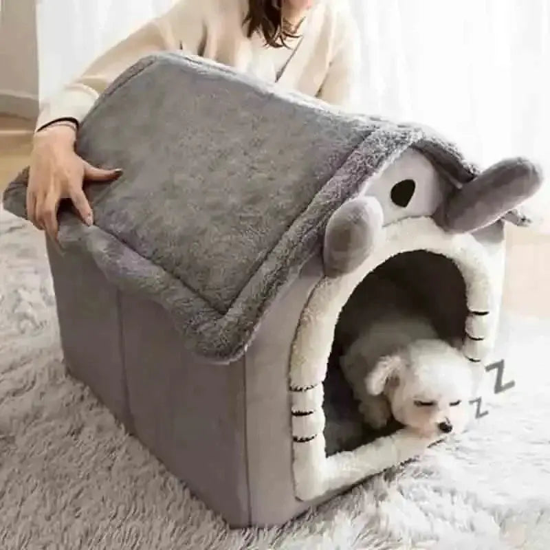 Gray plush indoor warm dog house with cute face design and soft removable washable cushion for four seasons