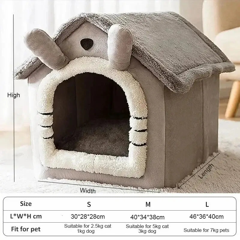 Gray plush indoor pet house with soft fuzzy texture and cozy cream fleece interior for dogs and cats four season use