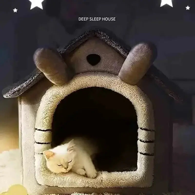 Cozy beige and gray plush indoor pet house with soft fuzzy texture and antler-like ears removable washable cushion