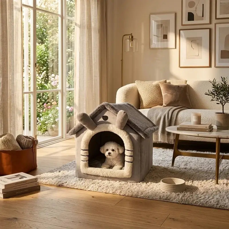 Soft gray plush indoor warm dog house with removable washable cushion and bunny-ear accents for four season use