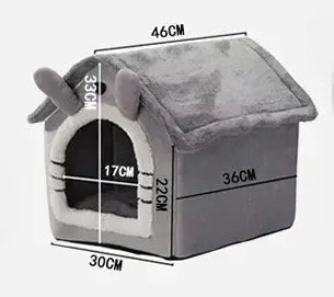Gray plush indoor warm dog house with soft fuzzy texture rounded edges and removable washable cushion for pets