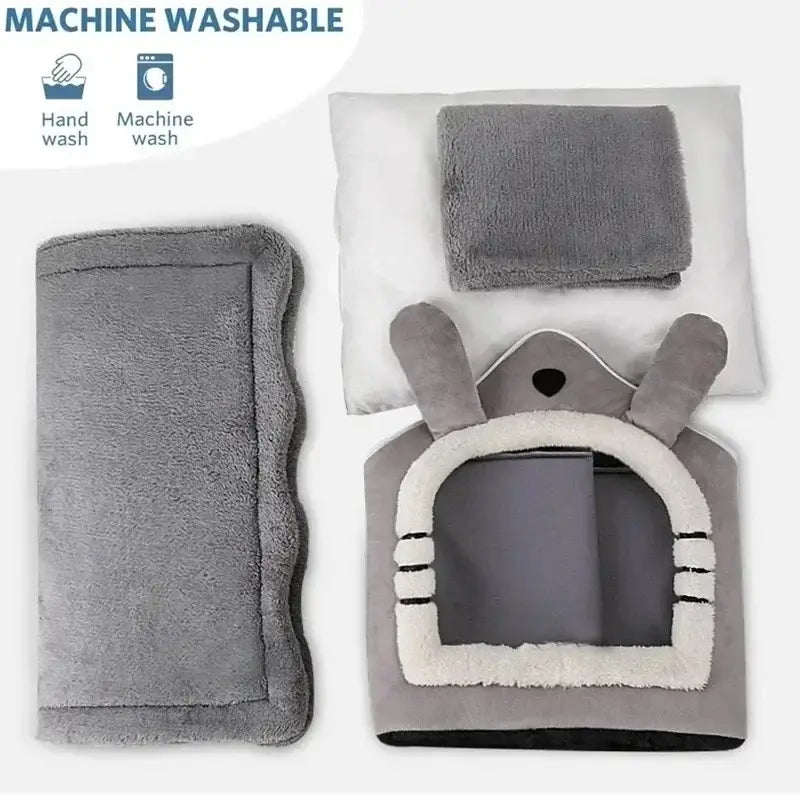 Gray plush indoor pet bed with bunny ears white fleece trim removable washable cushion cozy four season kennel