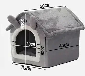 Gray plush indoor warm dog house with soft fuzzy texture and cozy white interior removable washable cushion