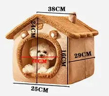 A cozy beige indoor warm dog house with textured roof rounded entrance and soft removable washable cushion
