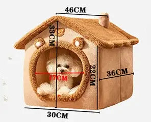 A cozy tan plush indoor dog house with soft fabric walls roof entrance and small chimney for four season use