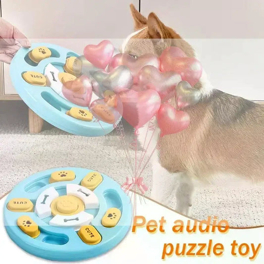 Interactive pet educational slow feeder toy in light blue with yellow and white buttons featuring paw prints and bones