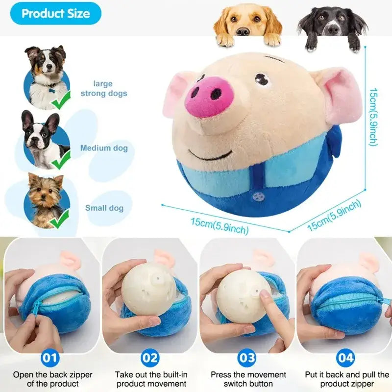 Interactive plush bouncing dog toy shaped like a beige pig with pink nose and blue overalls featuring music and vibration