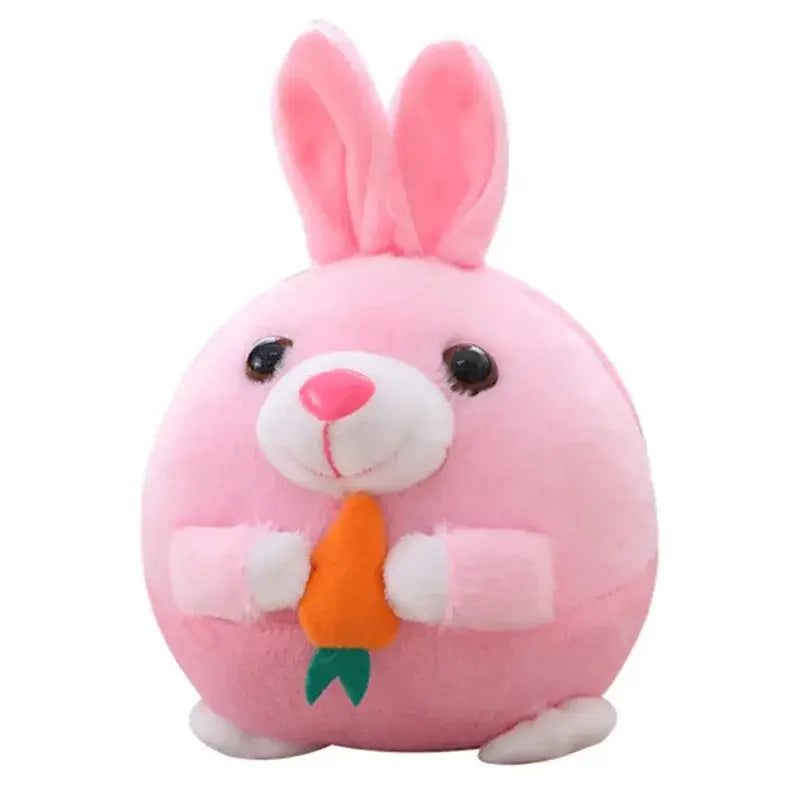 Interactive plush bouncing dog toy with music and vibration featuring a pink soft fur bunny holding an orange carrot