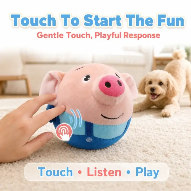 Pink plush pig toy in blue overalls with a smiling face designed for interactive play with music and vibration