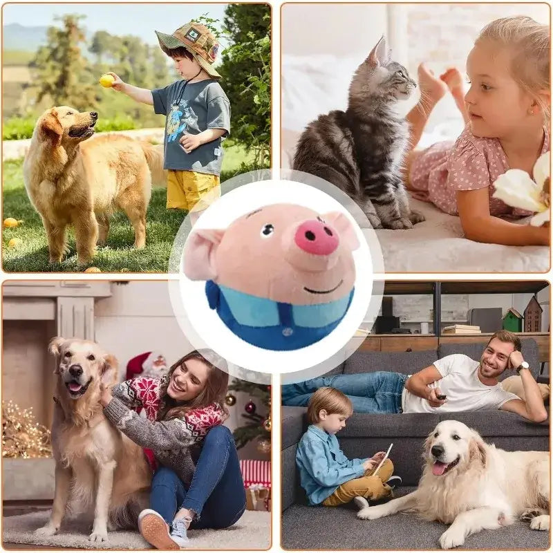 Pink plush pig toy wearing blue overalls with a smiling face in an interactive plush bouncing dog toy with music and vibration