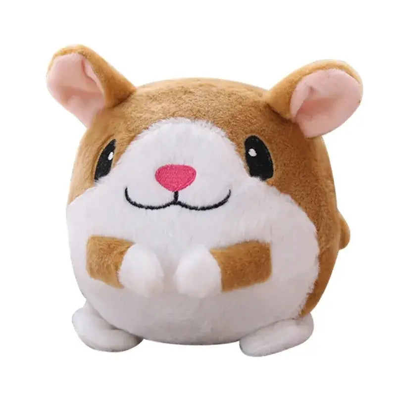 Cute brown and white plush hamster toy with pink nose and embroidered face in interactive bouncing dog toy with music and vibration