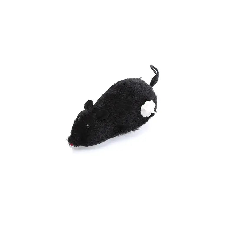 Interactive plush wind-up mouse toy in black with white flower-shaped tail for cats and dogs playtime
