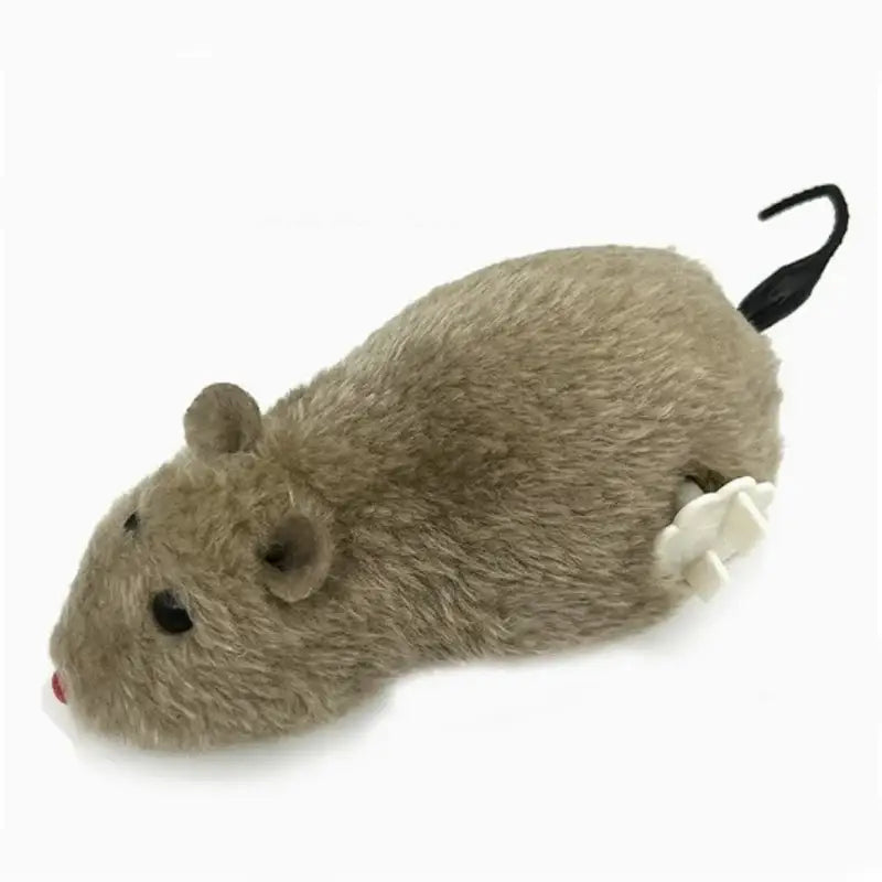 Interactive plush wind-up mouse cat and dog toy beige with black eyes red nose and black hook tail made of soft material