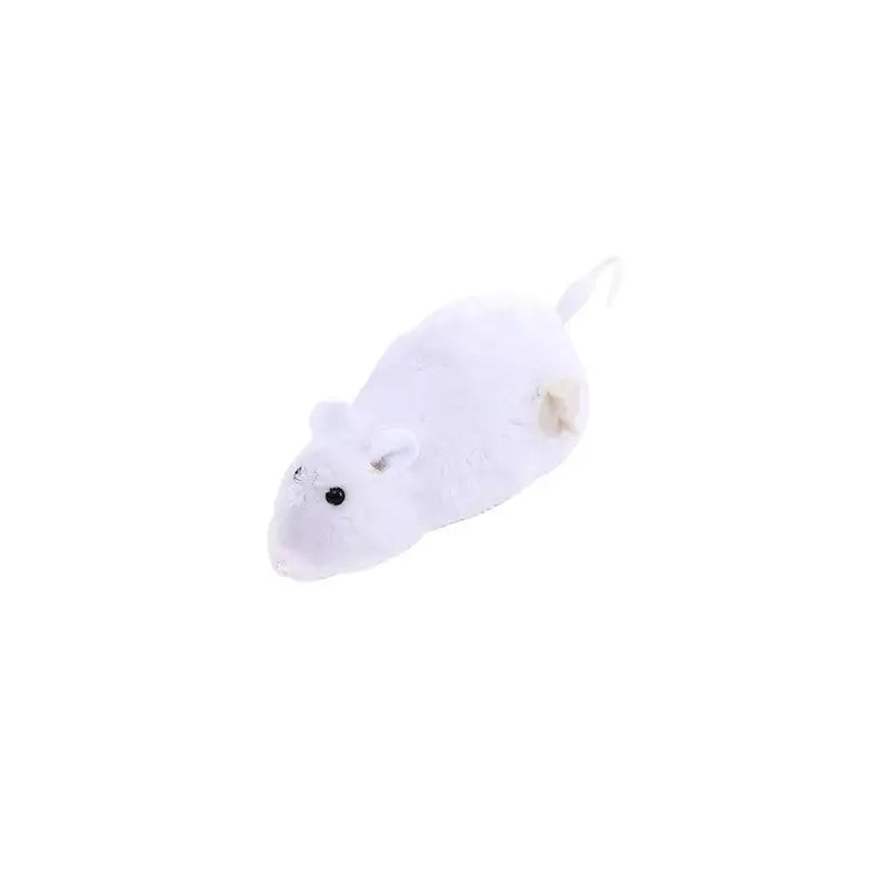 White plush interactive wind-up mouse toy with black button eyes and small tail for cats and dogs play
