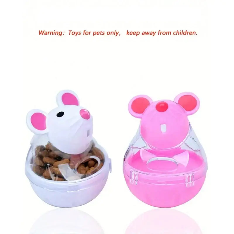 Two plastic mouse-shaped interactive rolling treat dispenser toys for pets in white with pink and solid pink colors