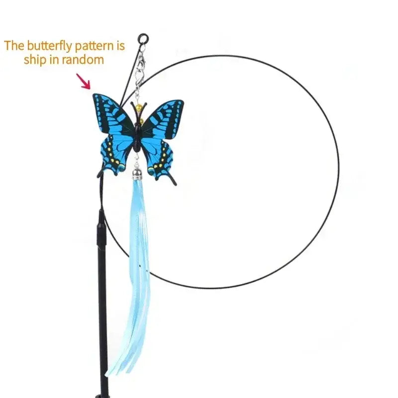 Blue butterfly-shaped interactive simulation bird cat teaser toy with black wings yellow accents and light blue tassel