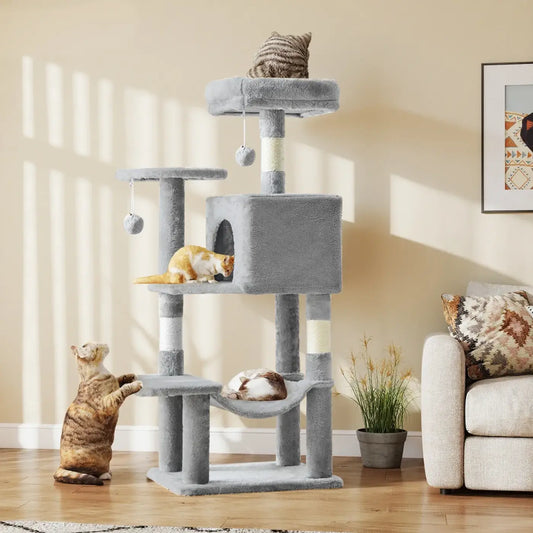 Gray multi-level jhk tall multi-cat climbing tower with plush platforms sisal scratching posts and hanging toys