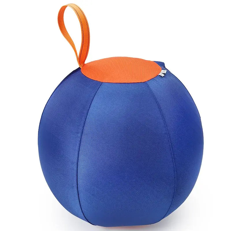 Large durable polyester inflatable blue spherical puffer ball dog toy with orange fabric handle for teething