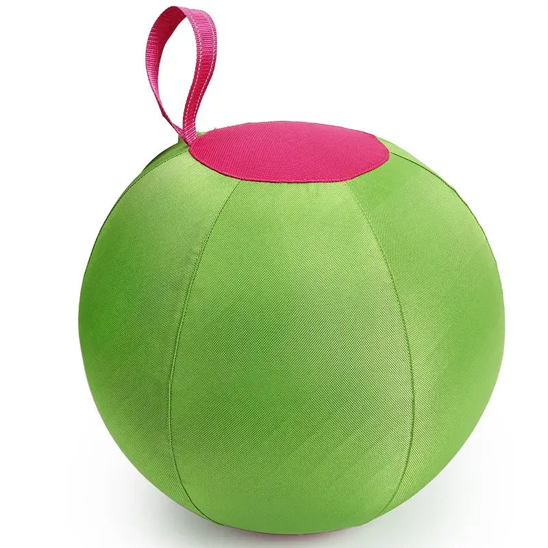 Bright green spherical potty training seat with pink fabric top and handle shown as large durable polyester inflatable dog toy for teething