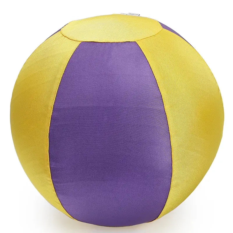 Large durable polyester inflatable dog toy in vibrant yellow and purple with textured fabric for teething play
