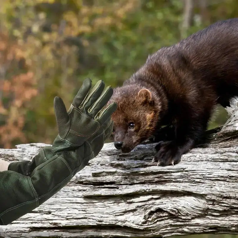 Dark brown fur-covered mink-like animal perched on a weathered log showcasing leather anti bite pet training gloves