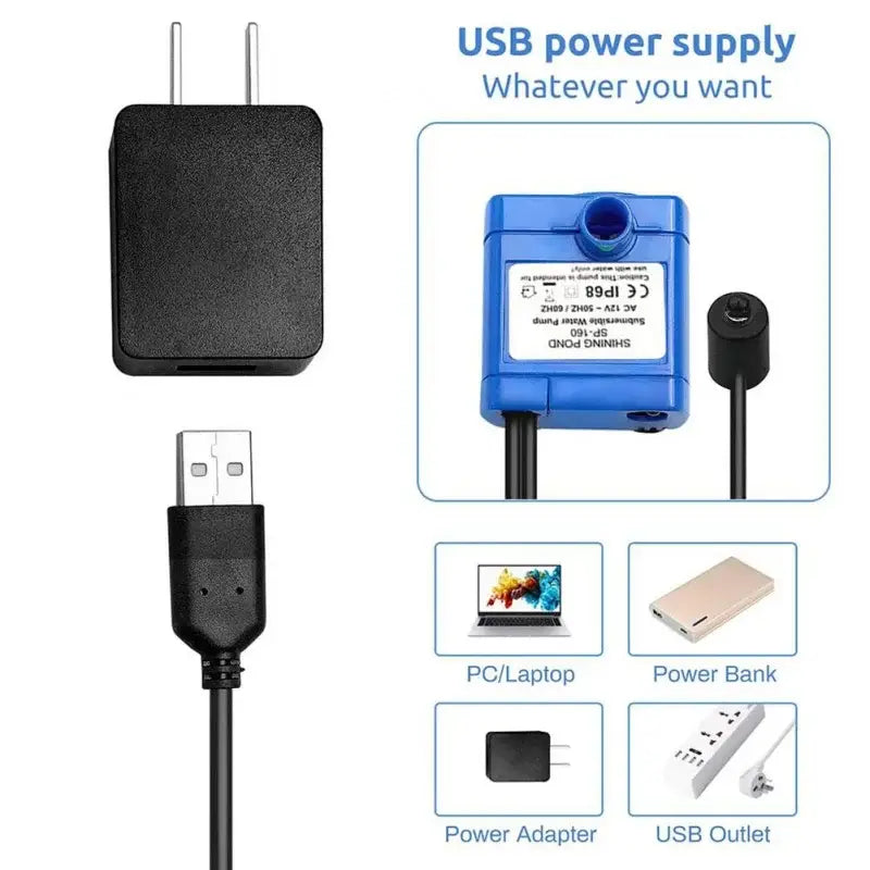 Black usb power supply adapter with two-prong plug and matching charging cable for led replacement pet water fountain pump