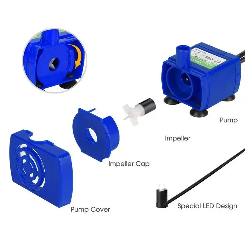 Led replacement pet water fountain pump featuring a blue plastic submersible design with black rubber feet and white impeller