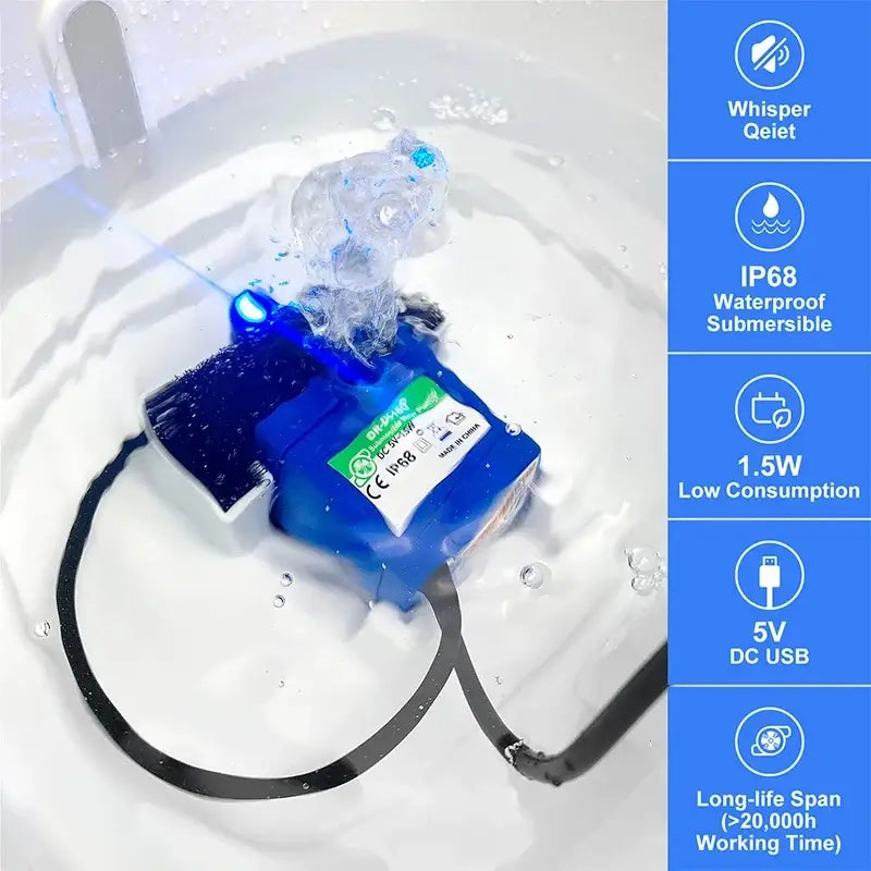 Blue rectangular robotic pool cleaner with black brush attachment and usb cable for led replacement pet water fountain pump