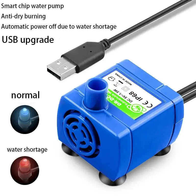 Blue plastic led replacement pet water fountain pump with smart chip usb upgrade and anti-dry burning features